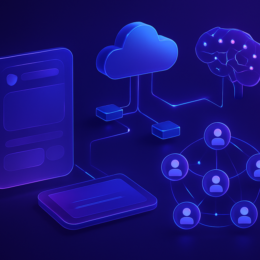 Futuristic illustration of mobile apps, cloud infrastructure, digital communities, and AI-powered technology